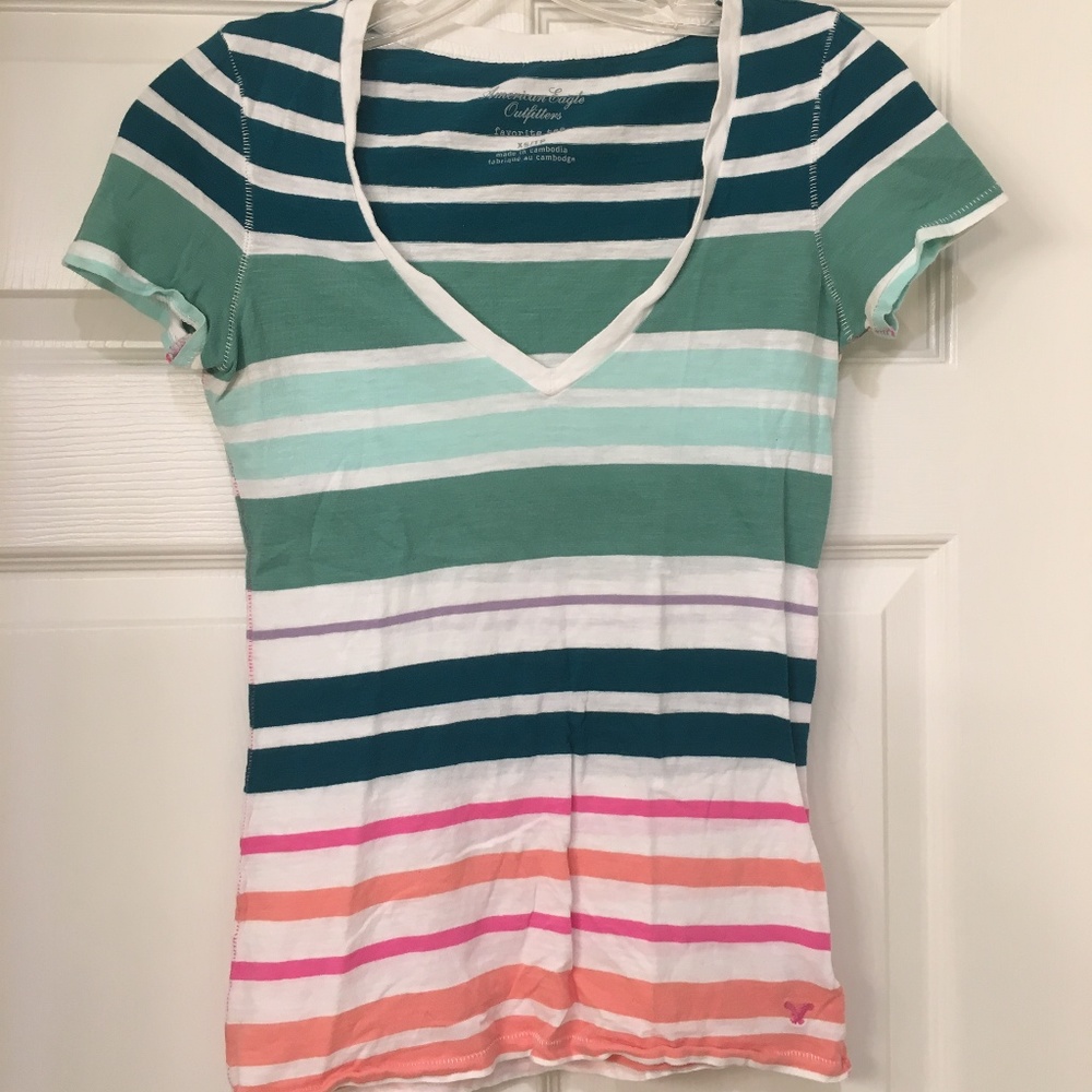 Multi-Colored Striped V-Neck Tee